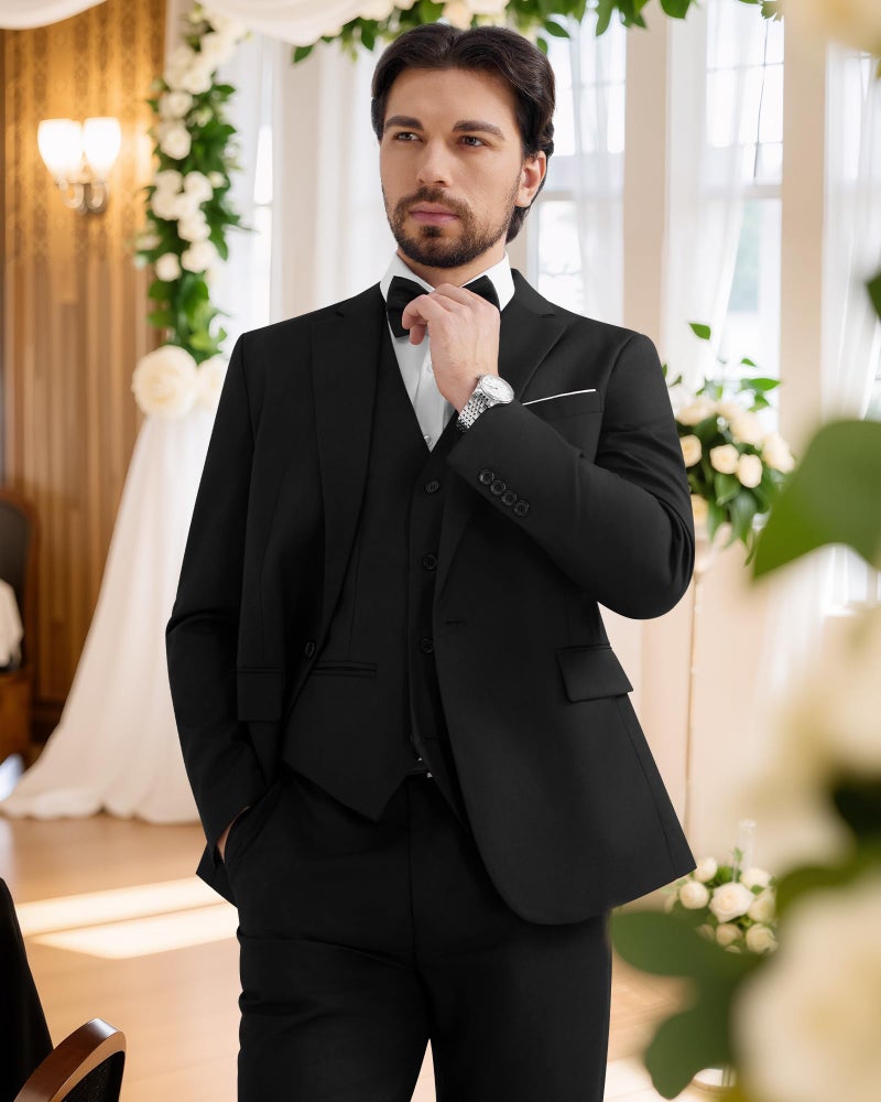 MAGE MALE Men's 3 Pieces Suit Elegant Solid One Button Slim Fit Single Breasted Party Blazer Vest Pants Set. Black - Image 3