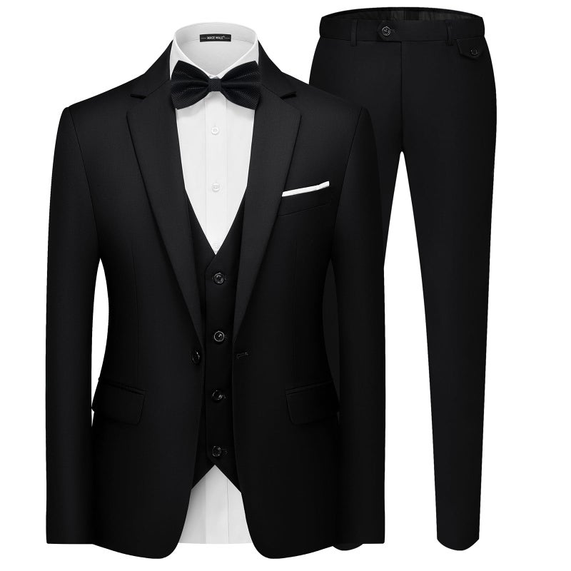 MAGE MALE Men's 3 Pieces Suit Elegant Solid One Button Slim Fit Single Breasted Party Blazer Vest Pants Set. Black - Image 1