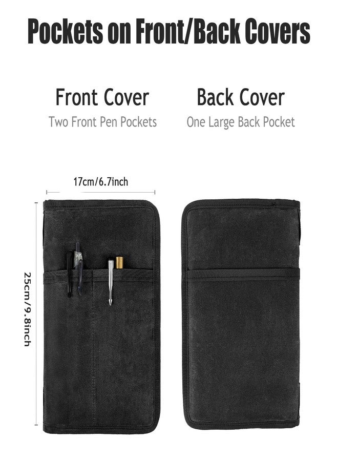 Baizoy Field Notes Notebook Cover for 6.7 X 9.8 Inch with A5 Journal Cover Notebook Zipper Pocket Planner for Pen Holder,Water Resistant Cover Notebooks Sketchbook,Waterproof Waxed Canvas (Black) - Image 2