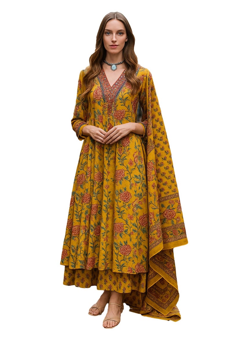 LookMark Women's Cotton Blend Printed Kurta with Pant & Dupatta| Kurta with Pants and Dupatta Set_AZ-LM-KS2171 Yellow_CG2-M - Image 1