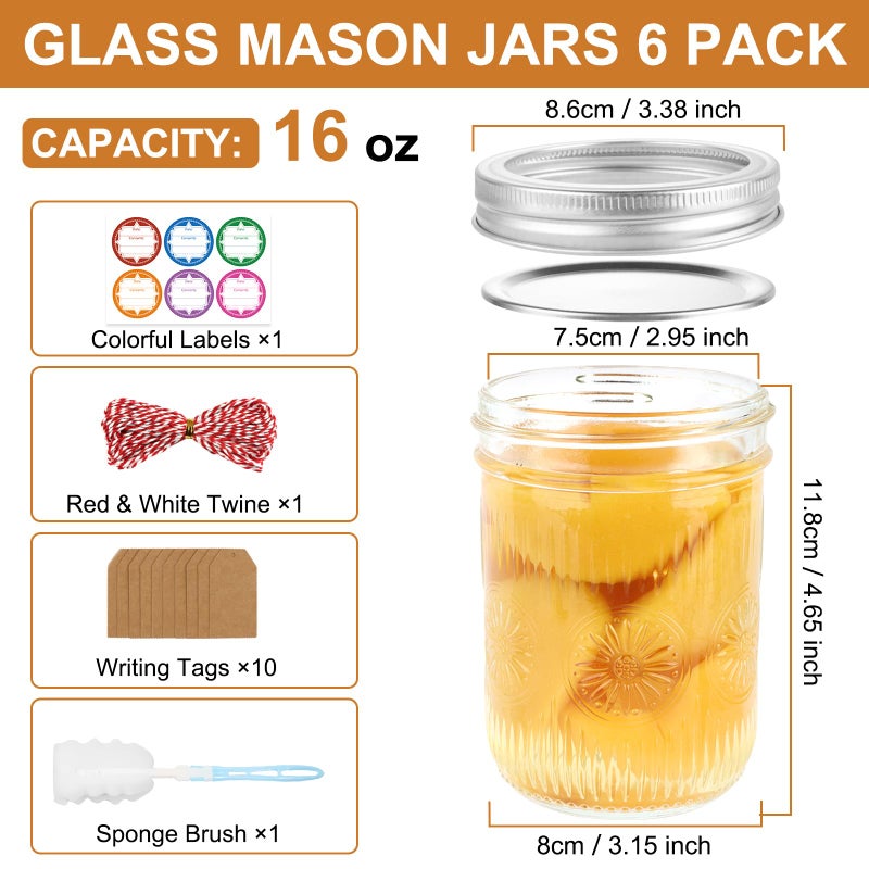 DADILL Wide Mouth Mason Jars 16 oz with Lids, 6 Pack Canning Jars with Airtight Lids and Bands, Glass Pint Jars for Pickling, Meal Prep, Preserving, Overnight Oats, Jam, Wedding Favors & Decor - Image 2