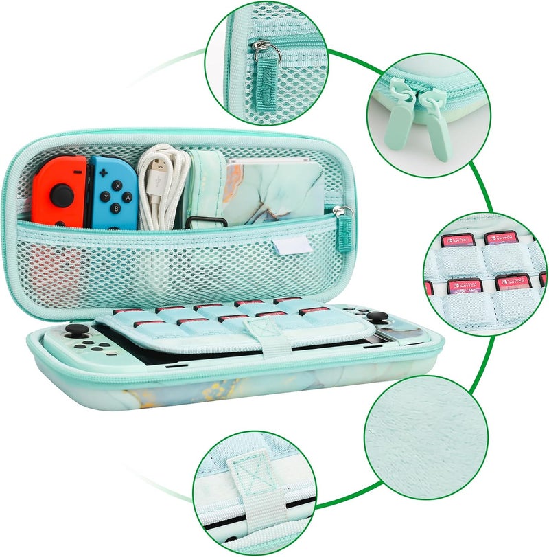 GLDRAM Green Marble Carrying Case for Nintendo Switch OLED, Portable Accessories Bundle for Travel Storage Bag, Hard Shell Protective Cover Skin, Screen Protector, Shoulder Strap & Thumb Caps - Image 2