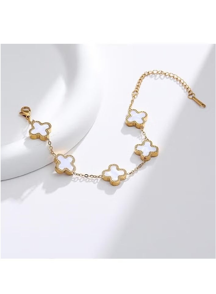 إيليلي سوار حظ مطلي بالذهب عيار 18 قيراطًا على شكل زهرة البرسيم للنساء، أساور على شكل أربع أوراق متصلة باللون الأبيض/الأسود/الأحمر/الأخضر، مجوهرات عصرية هدايا للنساء والفتيات المراهقات - Image 3