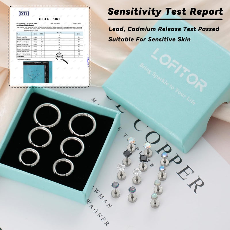LOFITOR Titanium Earrings for Men Women 20G Titanium Steel Flat Back Earrings Stud and Hoop Earring for Sensitive Ears Moonstone Hypoallergenic Cartilage Flatback Stud Earring Silver Plated - Image 3