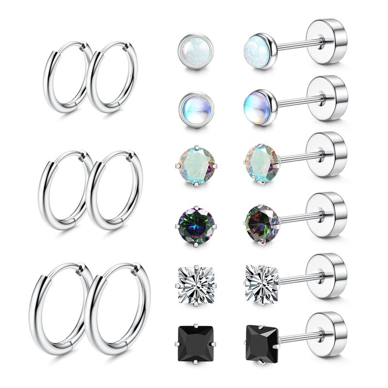 LOFITOR Titanium Earrings for Men Women 20G Titanium Steel Flat Back Earrings Stud and Hoop Earring for Sensitive Ears Moonstone Hypoallergenic Cartilage Flatback Stud Earring Silver Plated - Image 1