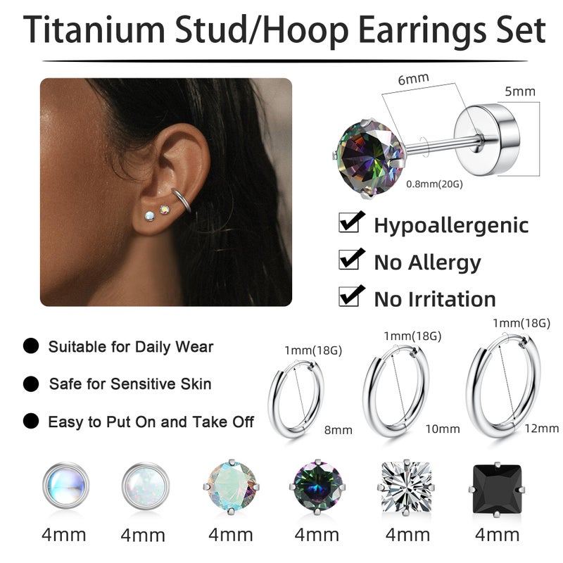 LOFITOR Titanium Earrings for Men Women 20G Titanium Steel Flat Back Earrings Stud and Hoop Earring for Sensitive Ears Moonstone Hypoallergenic Cartilage Flatback Stud Earring Silver Plated - Image 4