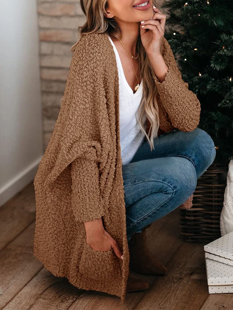 Saodimallsu Women's Oversized Open Front Fuzzy Cardigan Batwing Long Sleeve Fall Warm Popcorn Chunky Knit Sweaters Coffee - Image 3
