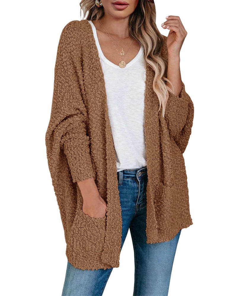 Saodimallsu Women's Oversized Open Front Fuzzy Cardigan Batwing Long Sleeve Fall Warm Popcorn Chunky Knit Sweaters Coffee - Image 1