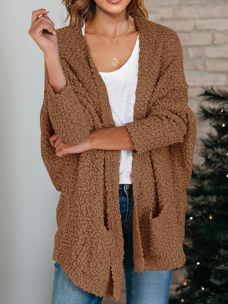 Saodimallsu Women's Oversized Open Front Fuzzy Cardigan Batwing Long Sleeve Fall Warm Popcorn Chunky Knit Sweaters Coffee - Image 4