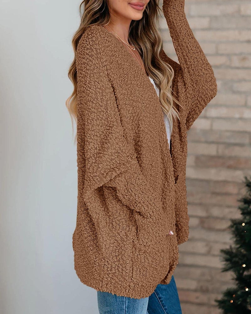 Saodimallsu Women's Oversized Open Front Fuzzy Cardigan Batwing Long Sleeve Fall Warm Popcorn Chunky Knit Sweaters Coffee - Image 5
