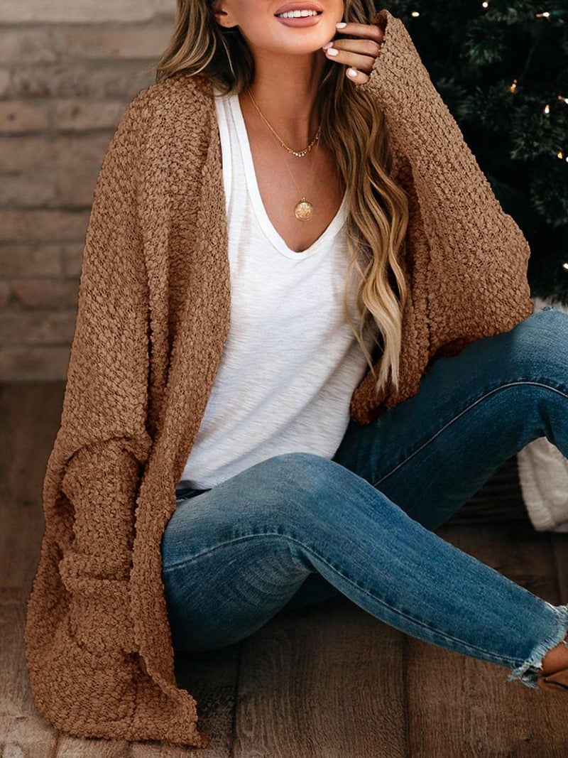 Saodimallsu Women's Oversized Open Front Fuzzy Cardigan Batwing Long Sleeve Fall Warm Popcorn Chunky Knit Sweaters Coffee - Image 2
