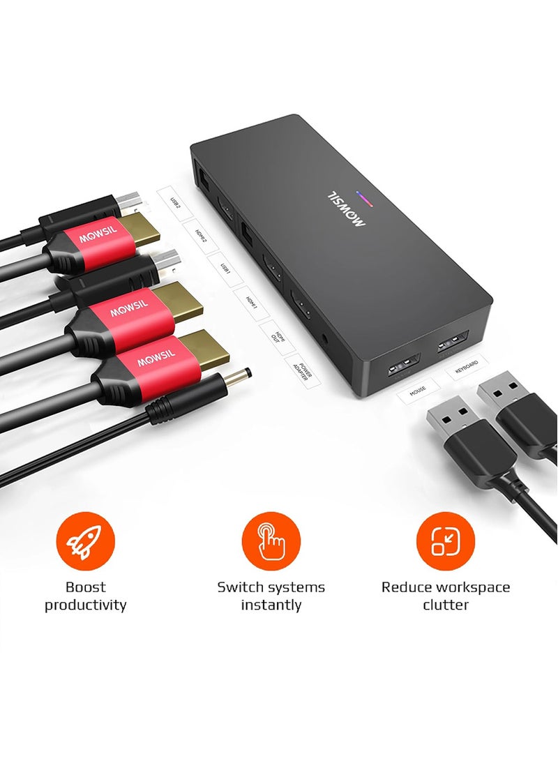 MOWSIL Mowsil HDMI KVM Switch 2 Port, 4K@60Hz, 2 in 1 Out, with 4 USB Ports, Hotkey & Button Switching, Control 2 PCs with 1 Monitor, Keyboard, Mouse - Image 5