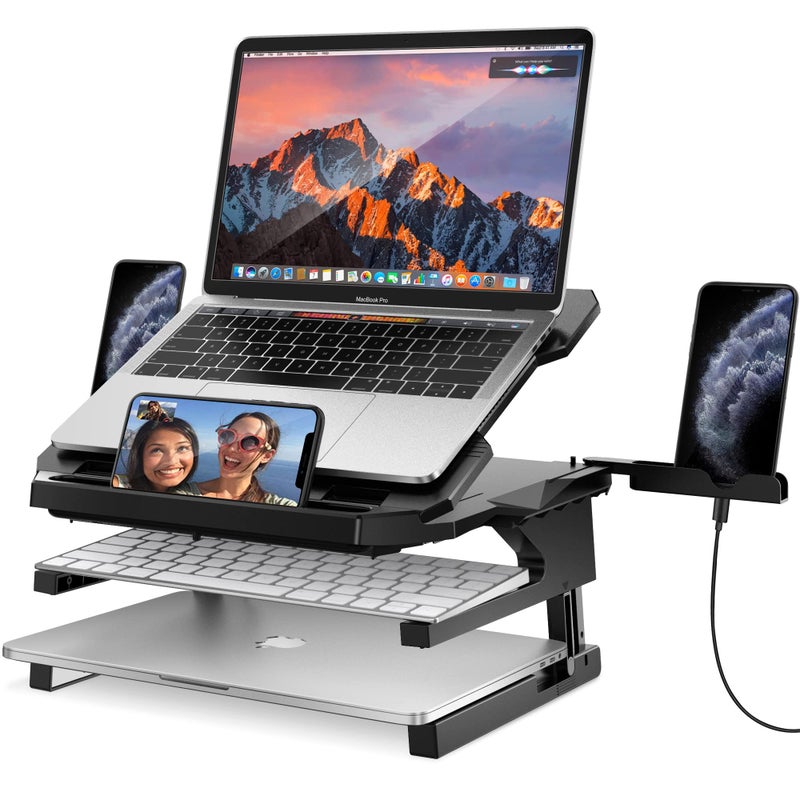AboveTEK Laptop Stand, 20 Angles Two-Layer Height Adjustable Laptop Stands, Portable Laptop Riser with 360 Rotating Base Storage Space & Extra Phone Holders Compatible with 10''-17'' Laptops Black - Image 1