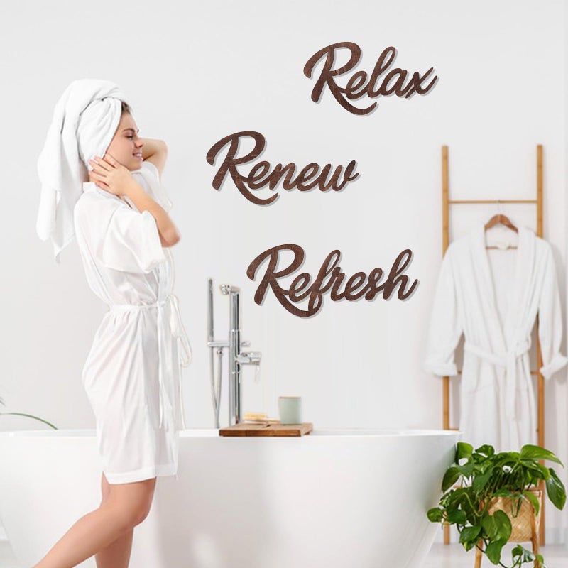 KOYILTD 3 Pieces Bathroom Decor Wooden Bathroom Sign,Relax Renew Refresh Sign (Brown) - Image 2