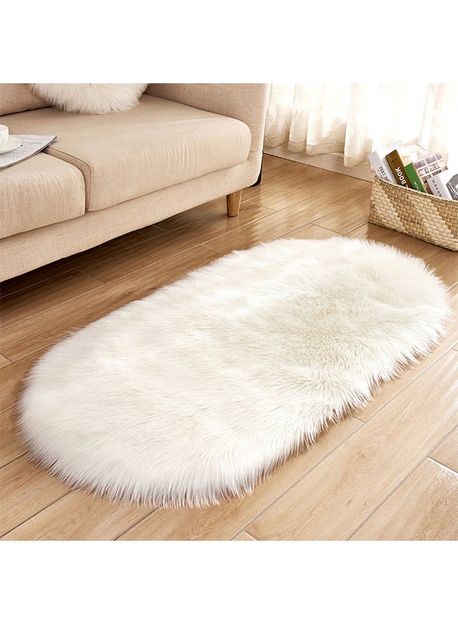 TodyJeyHo Fluffy bedroom carpet, white bedroom small carpet, oval fluffy bedside carpet, 40 x 60cm, cute dormitory carpet, children's room, daycare home decoration - Image 1