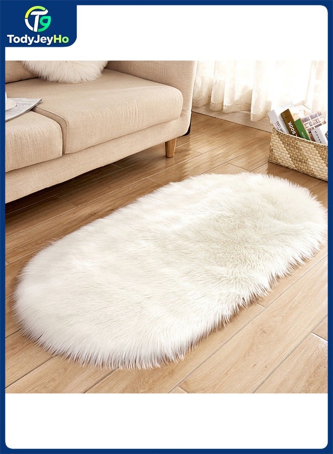 TodyJeyHo Fluffy bedroom carpet, white bedroom small carpet, oval fluffy bedside carpet, 40 x 60cm, cute dormitory carpet, children's room, daycare home decoration - Image 1