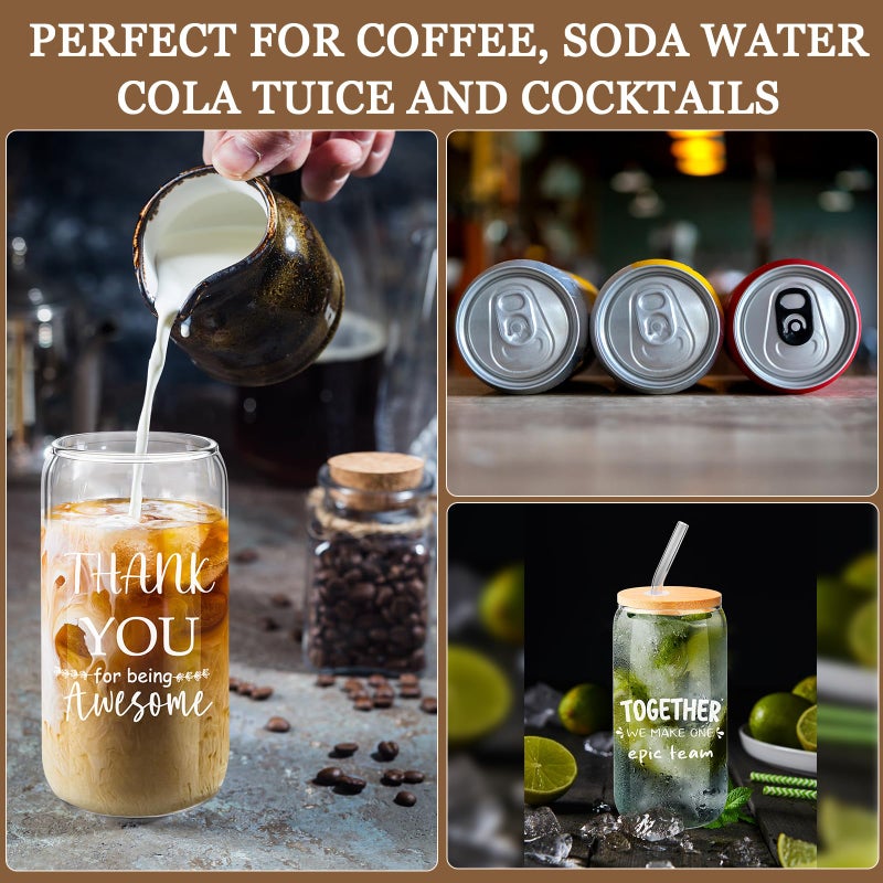 BHHQHH 12 Sets Employee Appreciation Gifts Team Thank You Gifts for Staff Coworker Inspirational and Motivational Glass Cups 16 oz Can Shaped Beer Glass with Lids Straws Brushes - Image 3