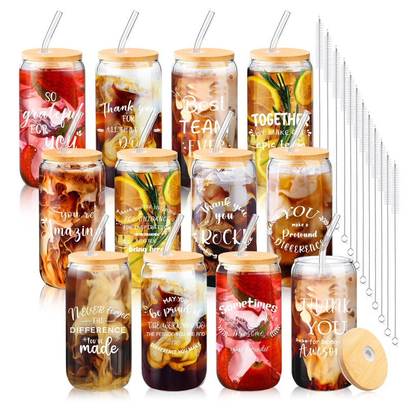 BHHQHH 12 Sets Employee Appreciation Gifts Team Thank You Gifts for Staff Coworker Inspirational and Motivational Glass Cups 16 oz Can Shaped Beer Glass with Lids Straws Brushes - Image 1