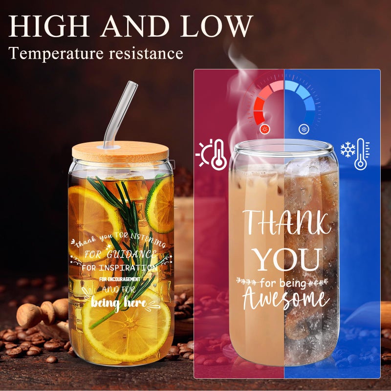 BHHQHH 12 Sets Employee Appreciation Gifts Team Thank You Gifts for Staff Coworker Inspirational and Motivational Glass Cups 16 oz Can Shaped Beer Glass with Lids Straws Brushes - Image 4