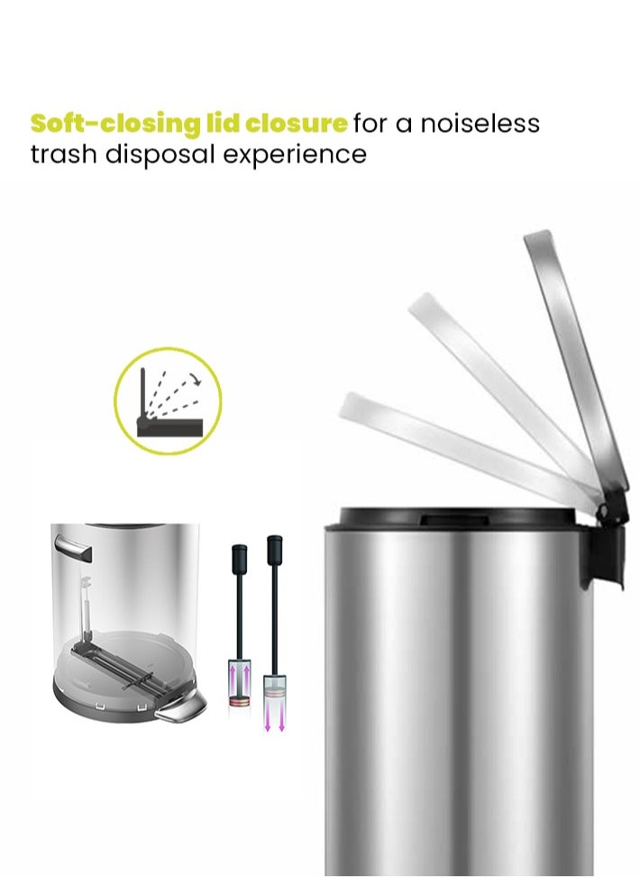 EVA SERIES | Brushed Stainless Steel Finish | Soft-Closing | Fingerprint-Resistant | Premium Pedal Trash & Garbage Bin | Multiple Sizes ( 5 - 30 L) To Suit Different Places | 8 Liters