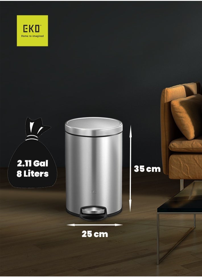 EVA SERIES | Brushed Stainless Steel Finish | Soft-Closing | Fingerprint-Resistant | Premium Pedal Trash & Garbage Bin | Multiple Sizes ( 5 - 30 L) To Suit Different Places | 8 Liters