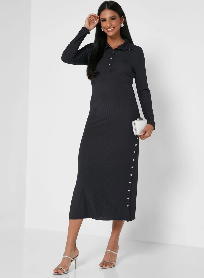 GHOSPELL Ribbed Midi Dress