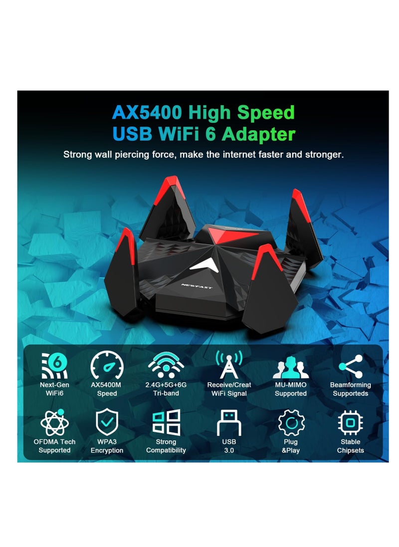 Excefore - AX5400 WiFi 6 Adapter for Desktop PC, USB 3.0 WiFi 6E Adapter for Gaming PC, 5400Mbps Tri-Band E-Sports Wireless Adapter, Wireless Network Adapter WiFi Dongle Supports Windows 11/10 - Image 1