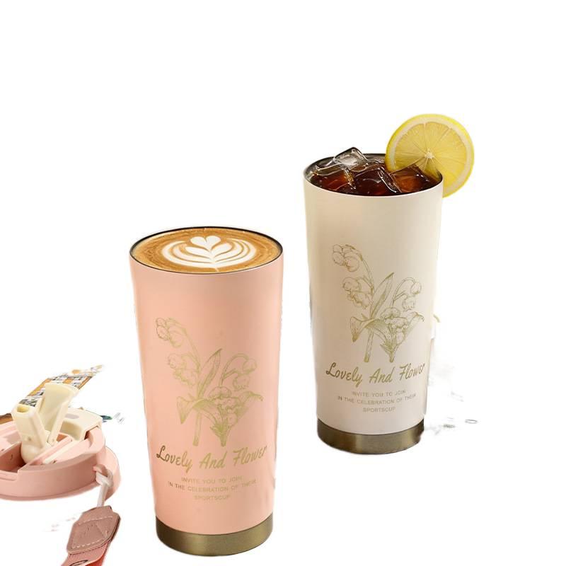 كوب قهوة للسفر بغطاء بشفاط ومناسب لحامل الأكواب من ستانلس ستيل، 500 ml، وردي مع غطاء بقشة من الستانلس ستيل باللون الوردي لترتيب الأغراض للاستخدام العملي للاستخدام الداخلي - Image 3