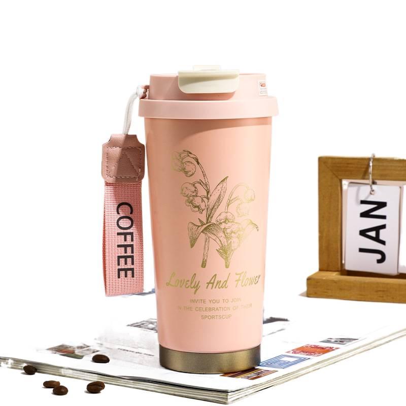 كوب قهوة للسفر بغطاء بشفاط ومناسب لحامل الأكواب من ستانلس ستيل، 500 ml، وردي مع غطاء بقشة من الستانلس ستيل باللون الوردي لترتيب الأغراض للاستخدام العملي للاستخدام الداخلي - Image 1