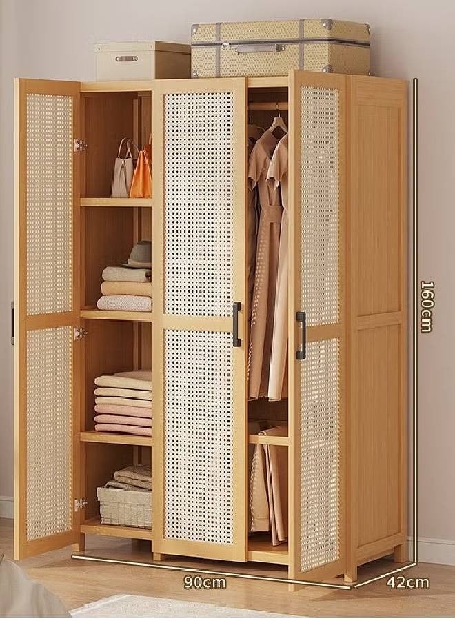 KLNAMAEAAN Rattan Panel Wooden Wardrobe 3 Door Freestanding Closet Organizer with Hanging Rod & Shelves Size 160ccm 90cm 42cm  - Image 1