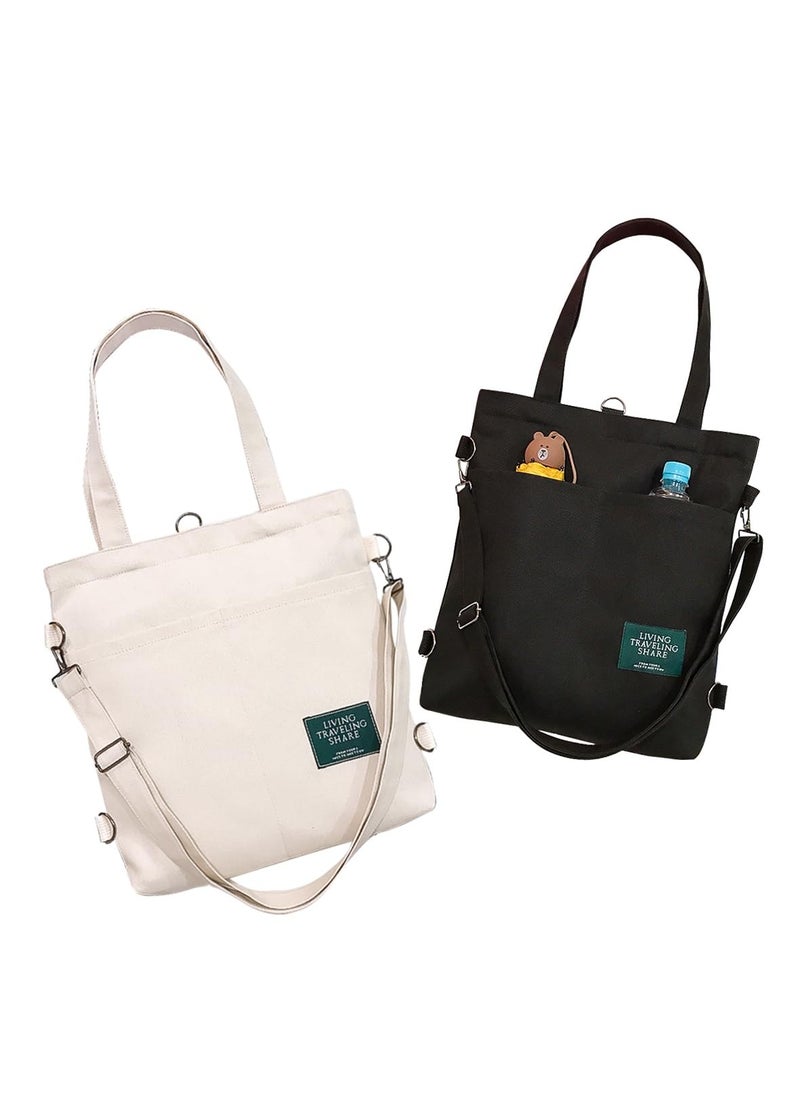 Generic 2-Pack Canvas Tote Bags for Women - Beige & Black Crossbody Shoulder Handbags with Inner Zipper Pocket, Spacious Design, Ideal for Work, Shopping, and Travel.  - Image 1