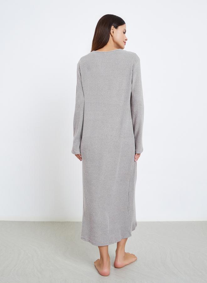 Styli Round Neck Rib Long Sleeve Sleep T-Shirt Dress - Image 4