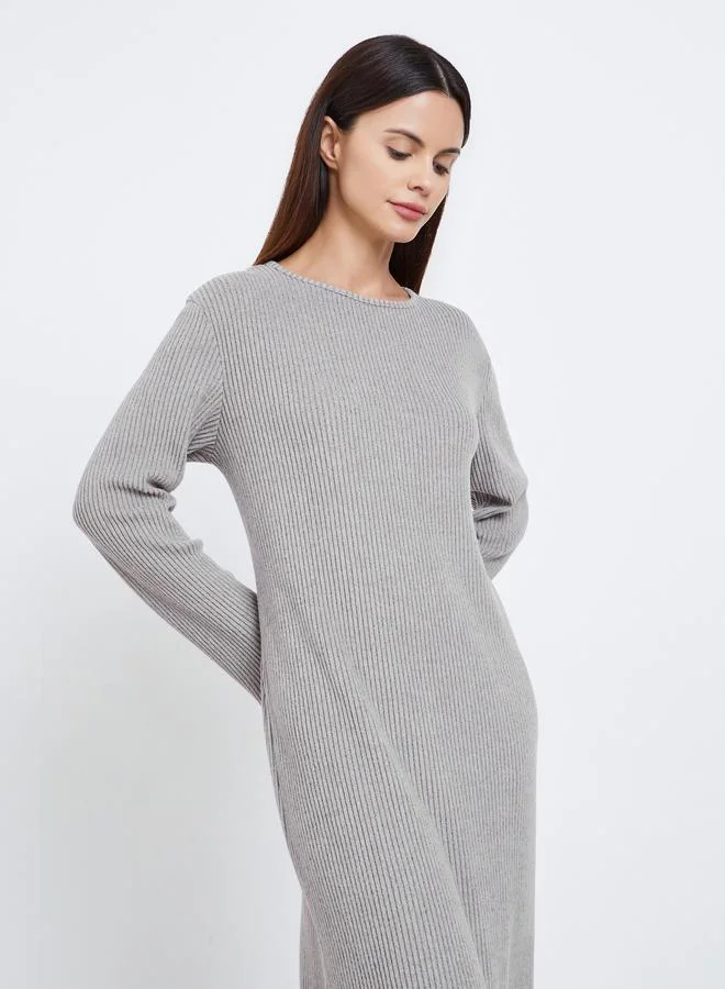 Styli Round Neck Rib Long Sleeve Sleep T-Shirt Dress