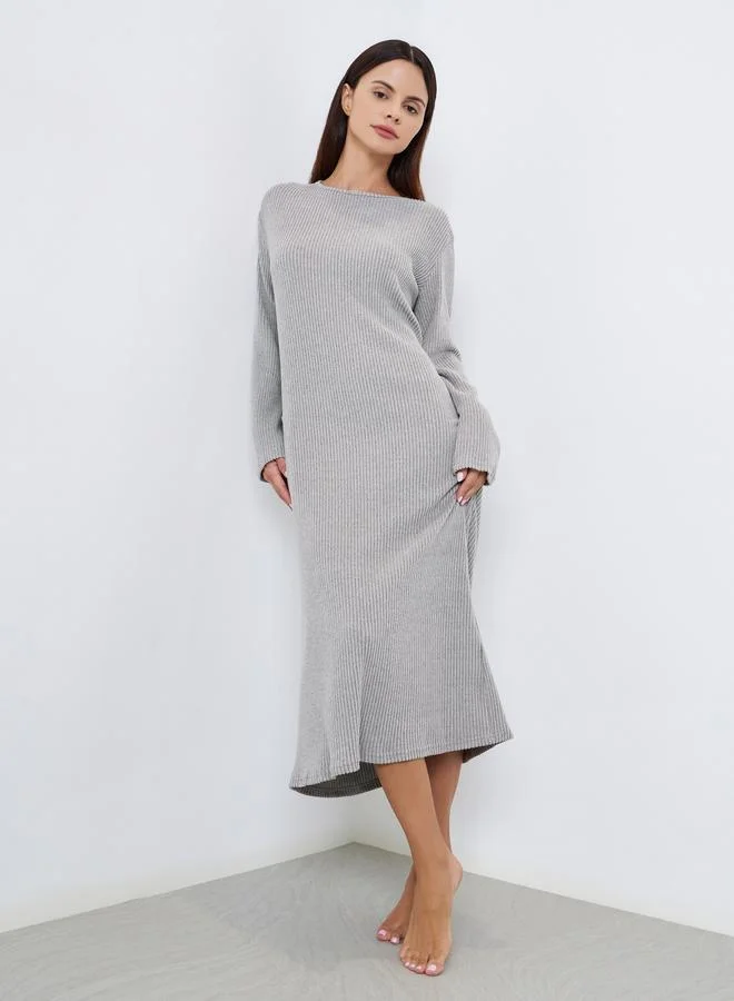 Styli Round Neck Rib Long Sleeve Sleep T-Shirt Dress