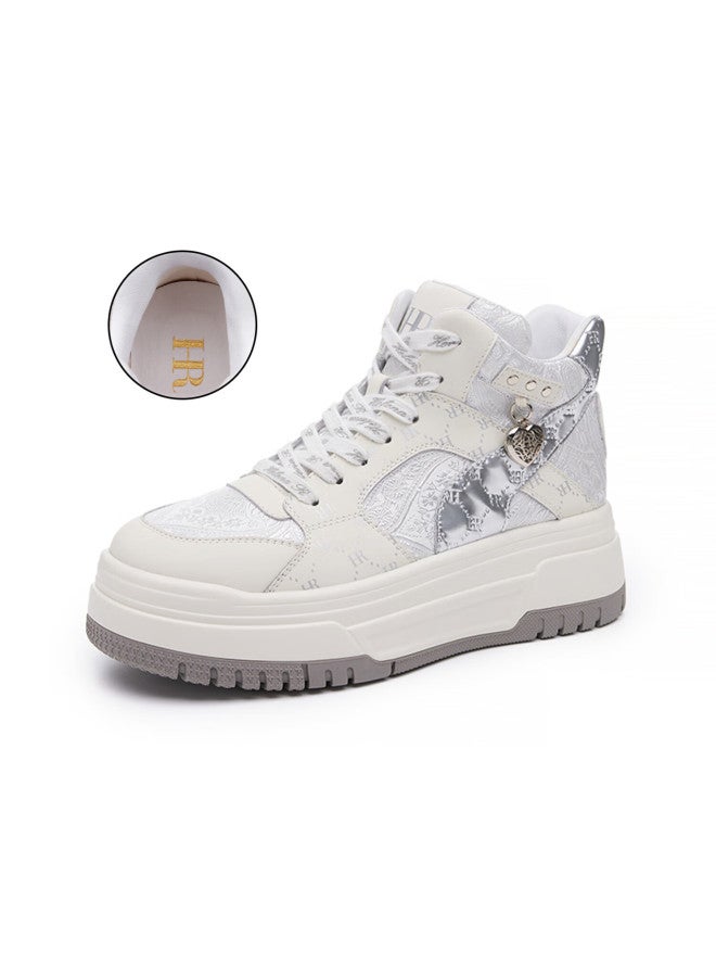 Hrhr Women's Shoes Winter New Plush High-top Thick-soled Sneakers, Beige Silver, Size 38 - Image 2