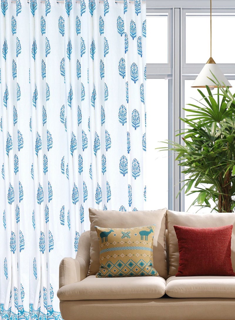 OJARIYA Blue Ikat Hand Block Printed Premium Cotton Curtains 274 x 152 cms - Image 2