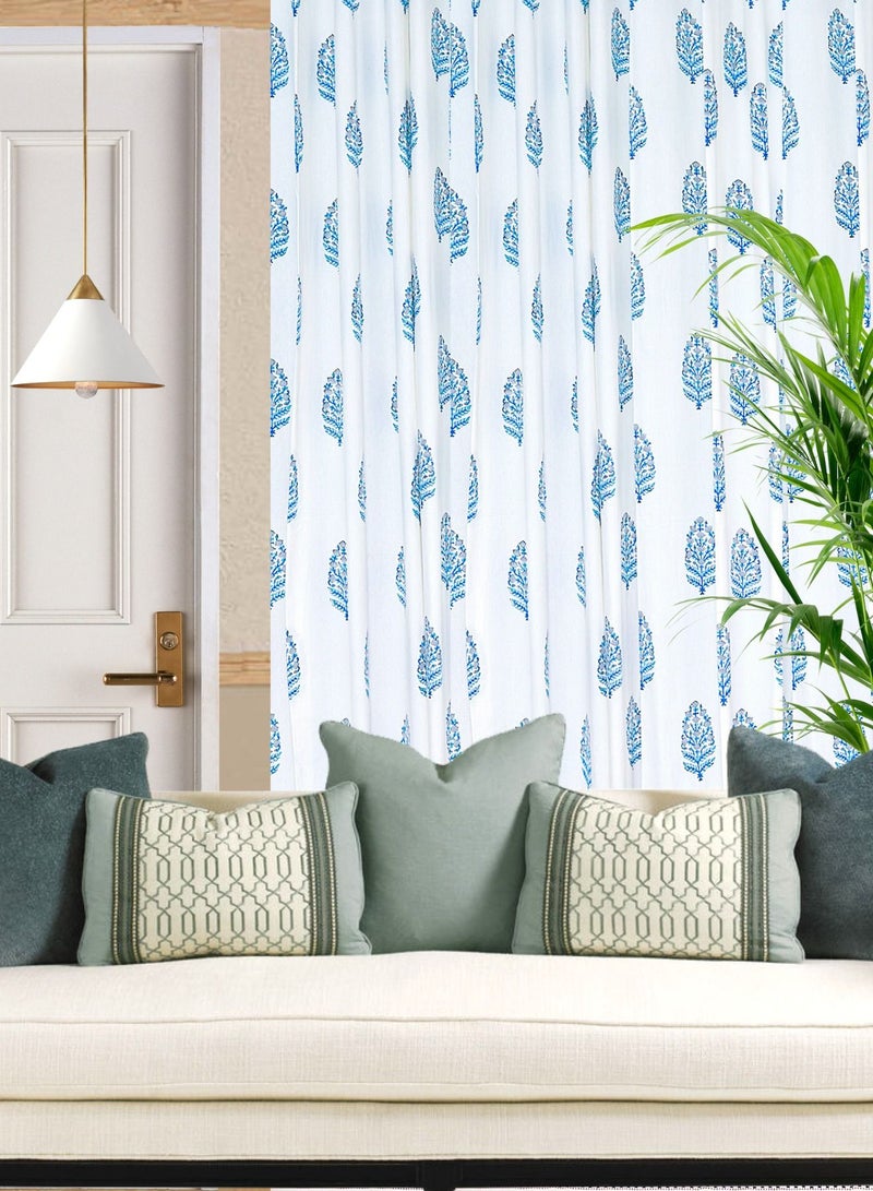 OJARIYA Blue Ikat Hand Block Printed Premium Cotton Curtains 274 x 152 cms - Image 1