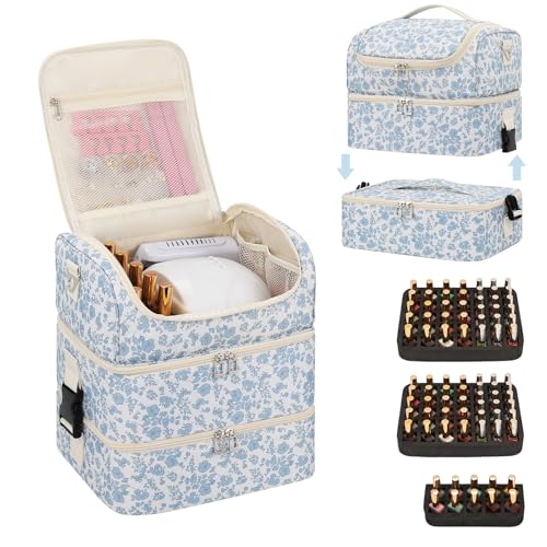 CUBETASTIC Extra Large Nail Polish Organizer - Three Layer Nail Organizers And Storage Bag, Portable Nail Supplies Organizer Case, Nail Tech Kit Travel Carrying Box with Shoulder Strap (Floral Blue, 86 Slots) - Image 1