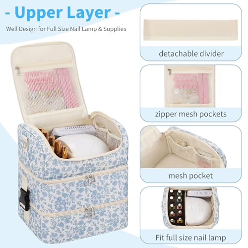 CUBETASTIC Extra Large Nail Polish Organizer - Three Layer Nail Organizers And Storage Bag, Portable Nail Supplies Organizer Case, Nail Tech Kit Travel Carrying Box with Shoulder Strap (Floral Blue, 86 Slots) - Image 4
