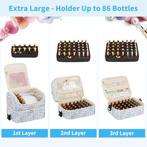 CUBETASTIC Extra Large Nail Polish Organizer - Three Layer Nail Organizers And Storage Bag, Portable Nail Supplies Organizer Case, Nail Tech Kit Travel Carrying Box with Shoulder Strap (Floral Blue, 86 Slots) - Image 3