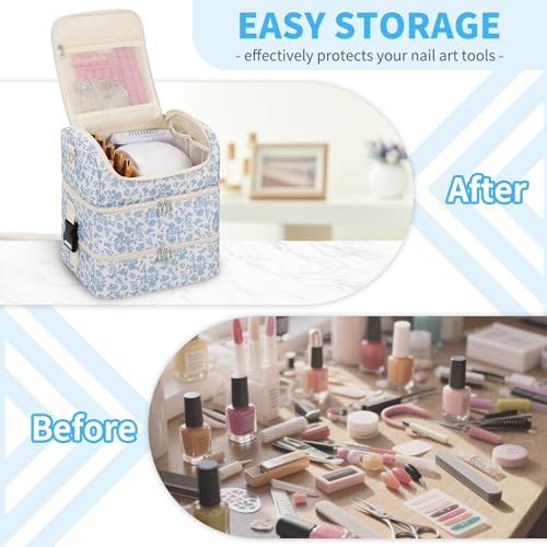 CUBETASTIC Extra Large Nail Polish Organizer - Three Layer Nail Organizers And Storage Bag, Portable Nail Supplies Organizer Case, Nail Tech Kit Travel Carrying Box with Shoulder Strap (Floral Blue, 86 Slots) - Image 2