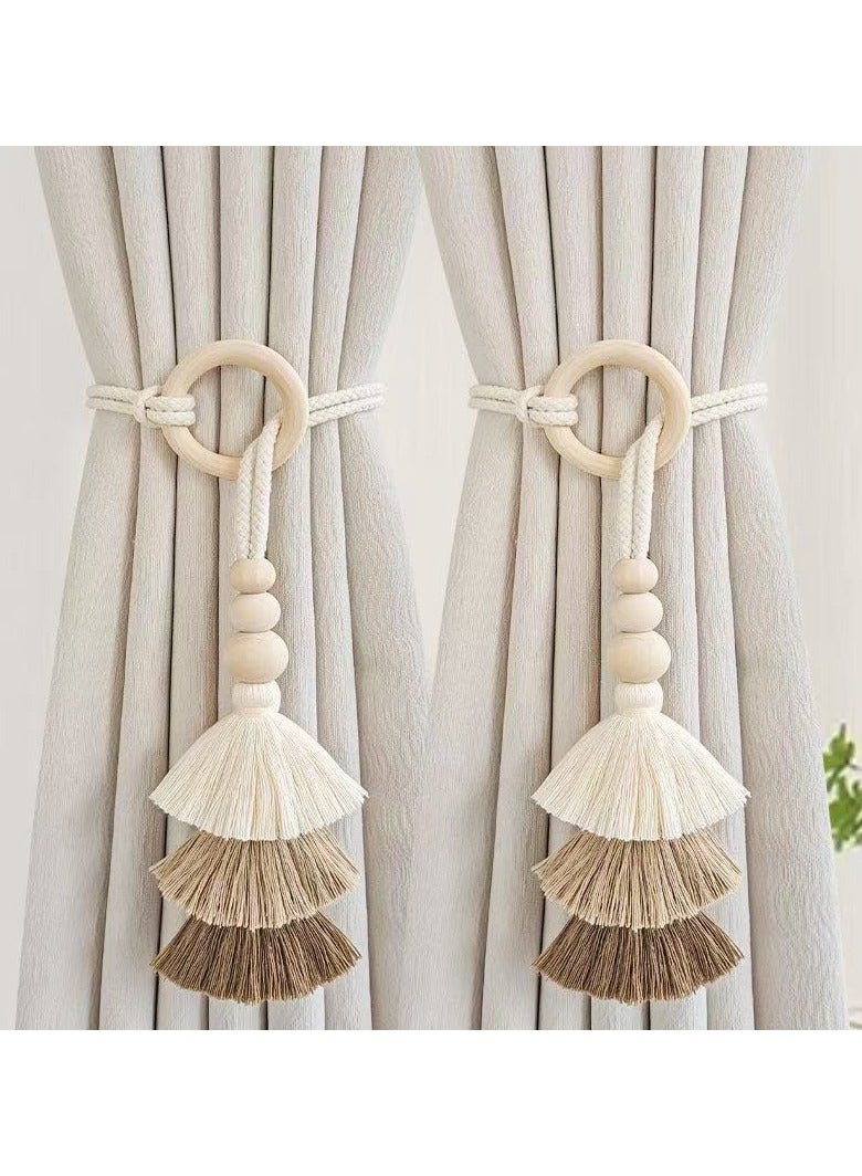 PYC 2pcs Wooden Bead Curtain Tiebacks, Hand Woven Rope Curtain Holdbacks with Wooden Ring, No Hole Punching Bohemian Curtain Clasp Decorative for Bedroom Window  - Image 1