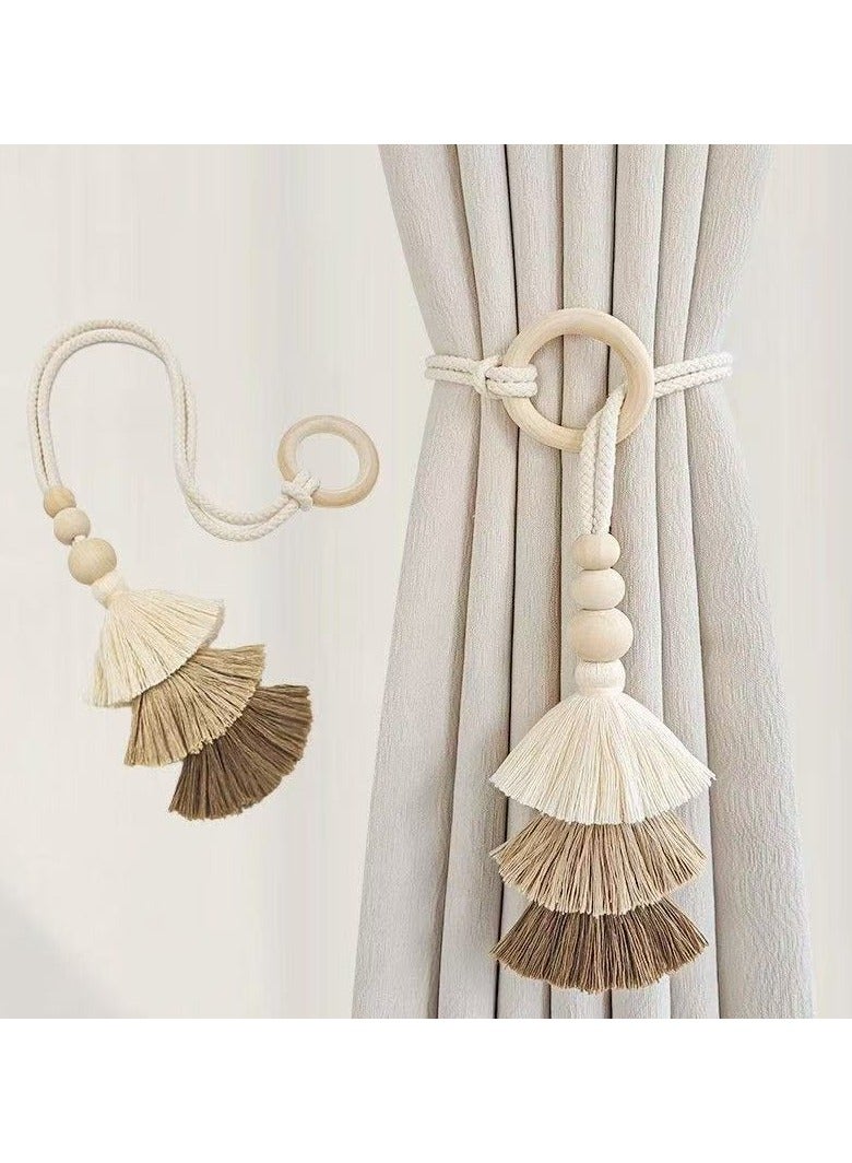 PYC 2pcs Wooden Bead Curtain Tiebacks, Hand Woven Rope Curtain Holdbacks with Wooden Ring, No Hole Punching Bohemian Curtain Clasp Decorative for Bedroom Window  - Image 2