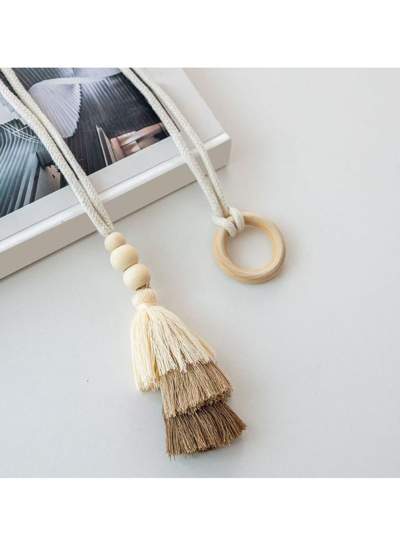PYC 2pcs Wooden Bead Curtain Tiebacks, Hand Woven Rope Curtain Holdbacks with Wooden Ring, No Hole Punching Bohemian Curtain Clasp Decorative for Bedroom Window  - Image 3