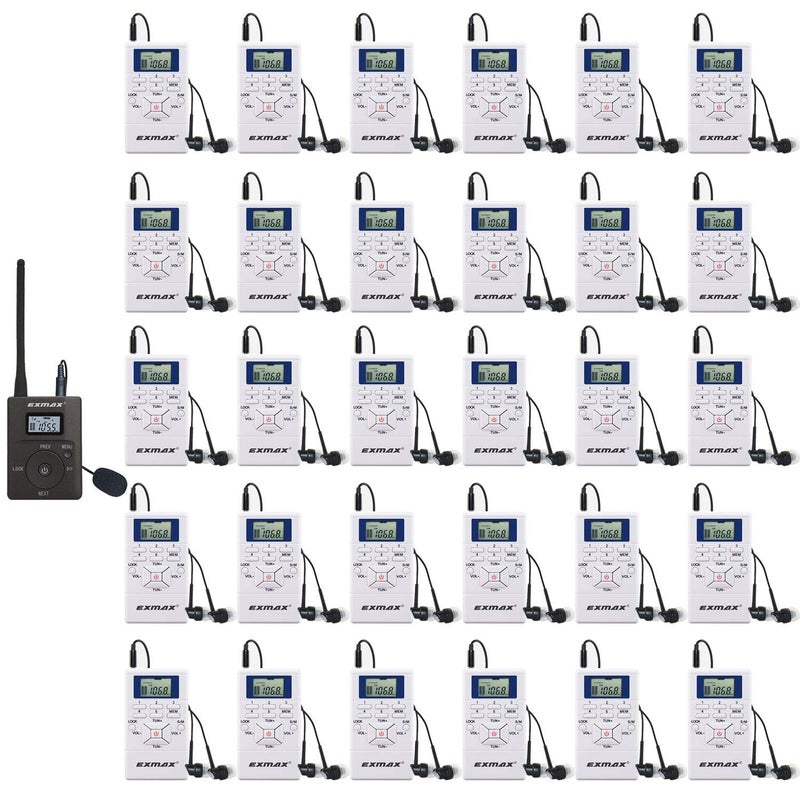 EXMAX E108 DSP Stereo Wireless Headsets FM Radio Broadcast System for Tour Guide Teaching Meeting Training Travel Field Interpretation 1 Transmitter & 30 Receivers (White) - Image 4