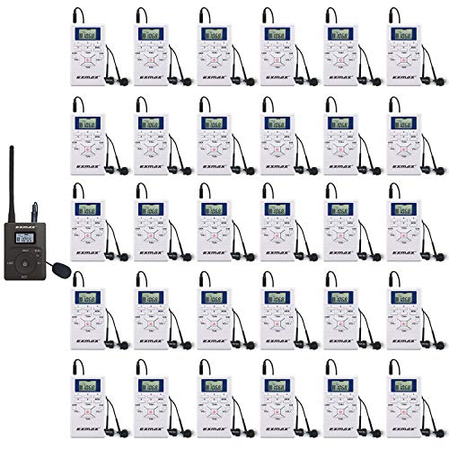 EXMAX E108 DSP Stereo Wireless Headsets FM Radio Broadcast System for Tour Guide Teaching Meeting Training Travel Field Interpretation 1 Transmitter & 30 Receivers (White) - Image 1