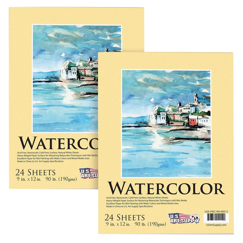 US Art Supply 9 x 12 Premium Heavyweight Watercolor Paper Pad Pack of 2 24 Sheets Each 90lb 190gsm Spiral Bound Cold Pressed AcidFree Wet Water Color Paper for Artists Students