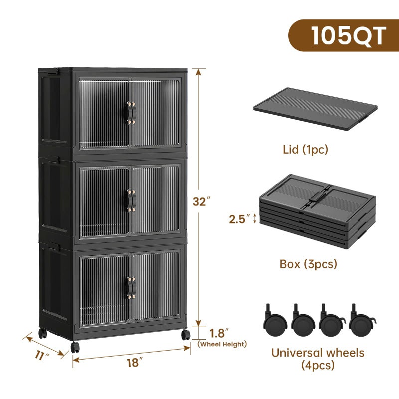 SAILUN 26Gal/105Qt Stackable Storage Bins Folding Collapsible Storage Bins with Lid, Closet Organizers and Storage Box with Door Black 18" W x 11" D x 32" H - Image 2