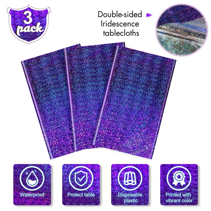 Irenare 3 Pack Iridescence Plastic Tablecloths Laser Table Covers Holographic Foil for Girl Party Wedding Disco Dance Birthday Holiday Mermaid Party Decorations 54 x 108 Inch (Purple) - Image 3