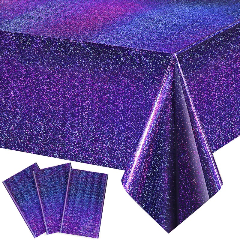 Irenare 3 Pack Iridescence Plastic Tablecloths Laser Table Covers Holographic Foil for Girl Party Wedding Disco Dance Birthday Holiday Mermaid Party Decorations 54 x 108 Inch (Purple) - Image 1
